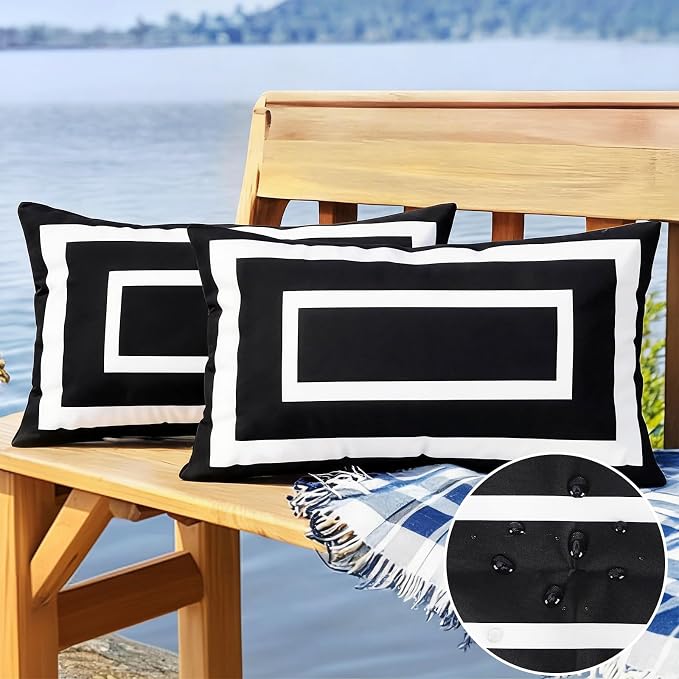 Pyonic Outdoor Waterproof Throw Pillow Covers 12 X 20 Inches Black and White Geometric Modern Pillow Covers for Patio Garden Porch Set of 2