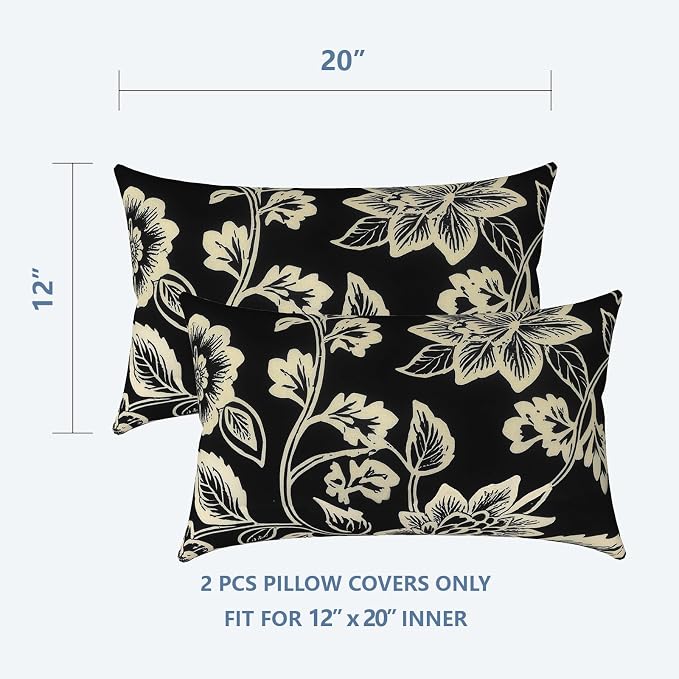 LVTXIII Outdoor/Indoor Lumbar Pillow Covers, Patio Decorative Lumbar Pillow Covers, All Weather Cushion Cases for Sofa, Patio Couch Decoration 12x20, 2 Pack, Elegant Vines Black