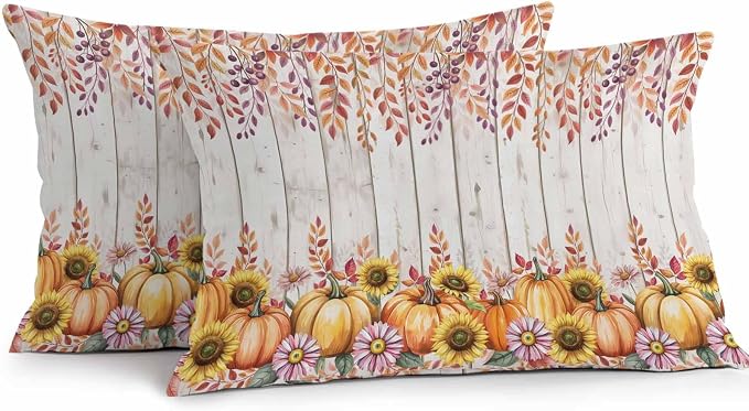 Orange Pumpkins Outdoor Waterproof Pillow Covers, Eucalyptus Leaves Sunflowers Wood Grain Decorative Rectangle Throw Pillowcase Sofa Cushion Sham for Patio/Couch/Chair, 20"x12" 2 Pack