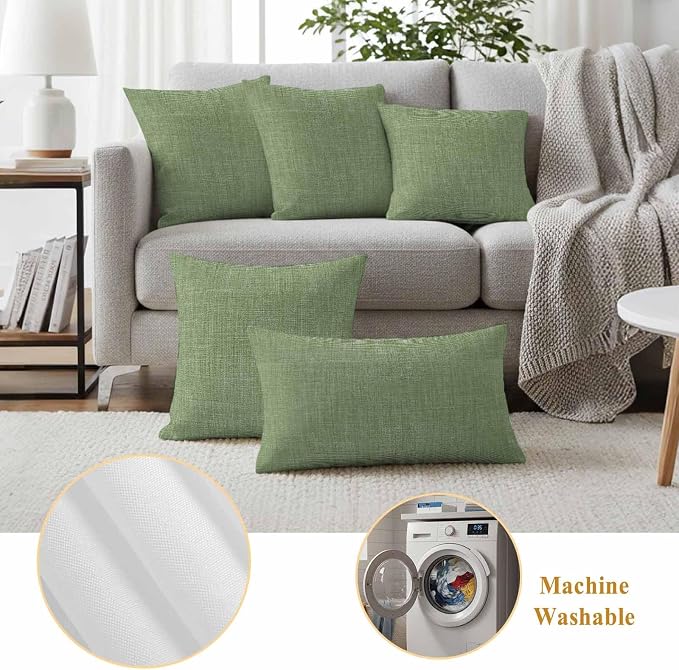 Outdoor Waterproof Throw Pillow Covers Set of 2 Sage Green Linen Lumbar Pillowcases 20x12 Inches Farmhouse Pure Color Decorative Pillows Cushion Case Patio Pillows for Couch Bed Chair Garden