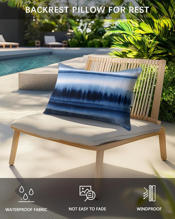 Outdoor Pillows Waterproof Covers Set of 2, Abstract Art Waves Elastic Chaise Lounge Headrest Pillow Covers, Stripes Watercolor Gradient Blue Lumbar Pillow for Beach Patio Furniture 20x12 Inch