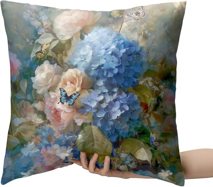 Vintage Rose Hydrangea Pillow Covers Oil Painting Floral Throw Pillow Covers Spring Summer Pillow Case 24x24 Blue Pink Flowers Cushion Case for Living Room Couch Sofa Set of 2