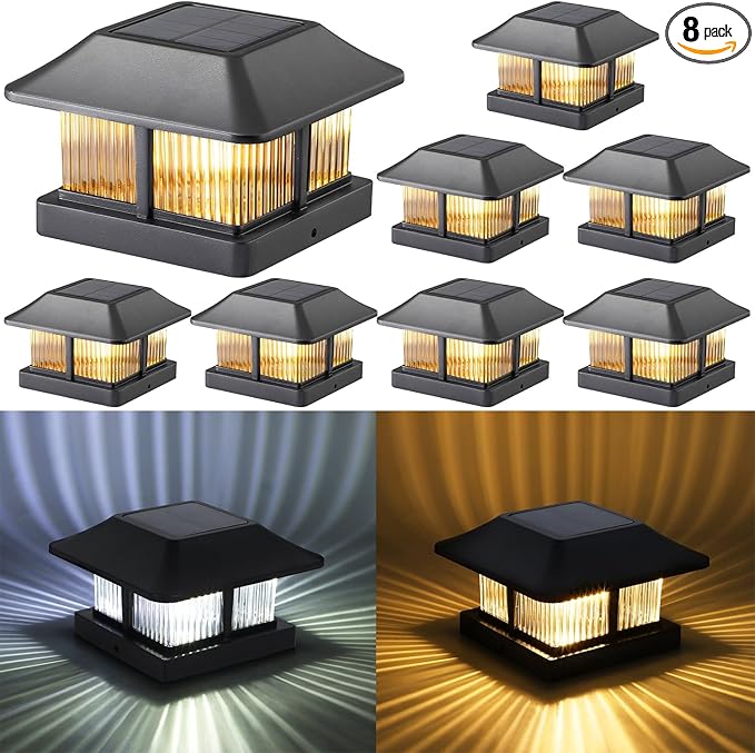 Dynaming 4x4 Solar Post Cap Lights Outdoor with 2 Color Modes, Fence Post Solar Lights Black Shell Brightness LED Lantern Lamps Waterproof for Garden Deck Patio, Fit 4x4 Wooden/Vinyl Posts, 8 Pack