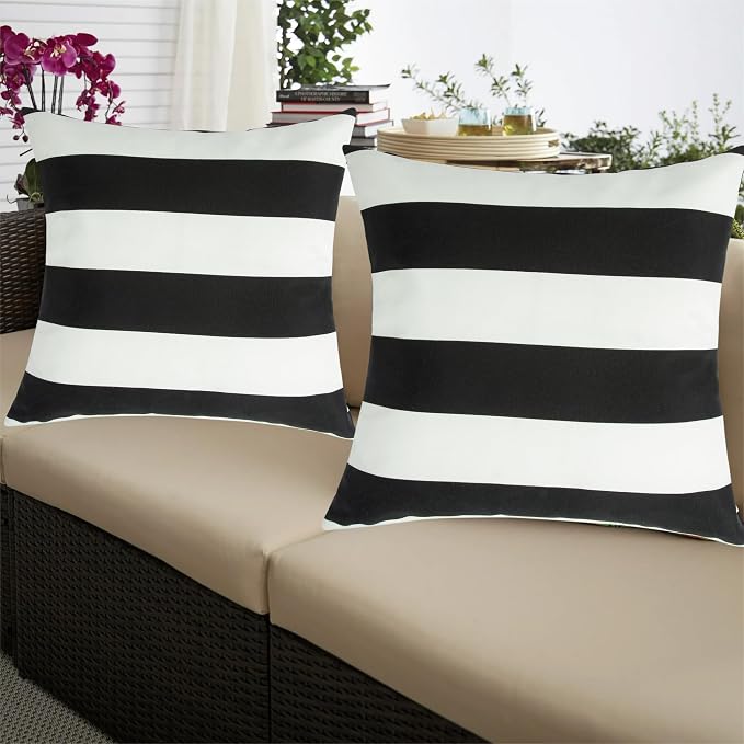 Outdoor Throw Pillows with Insert 18x18 Inch Pack of 2-Black White Stripe | Decorative Throw Pillows with Inserts, Water-Repellent, Square Pillows for Bed, Couch, Sofa and Patio Furniture