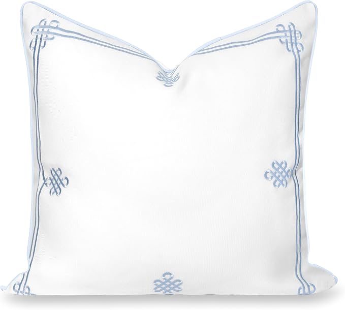 Hofdeco Premium Grandmillennial Coastal Hampton Patio Indoor Outdoor Throw Pillow Cover Only, 22"x22" Water Repellent for Backyard, Couch, Poolside, Baby Blue Embroidered Chinoise Lucky Knots