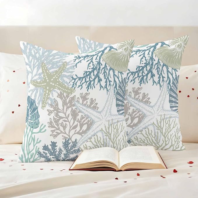 Blue Coral Coastal Waterproof Outdoor Pillow Covers 16''x16'' Set of 2, Starfish Conch Patio Furniture Summer Cushion Covers for Chairs, Decorative Beach Ocean Pillow Cases for Garden/Pool/Beach