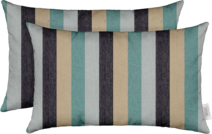 RSH DECOR: Sunbrella Lumbar Throw Pillows Set of 2 | 20" x 12" | Water and Fade-Resistant Fabric | Outdoor Pillow Covers with Down-Alternative Inserts | Made in USA (Anthem Lagoon Navy Teal Stripe)