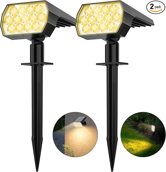 WELALO Solar Light Outdoor, IP68 Waterproof, 65 LED, Warm White, 2 Pack | Dusk to Dawn Auto On/Off, 3 Lighting Modes, Adjustable Solar Panel, Luces Solares Para Exteriores for Yard Garden Landscape