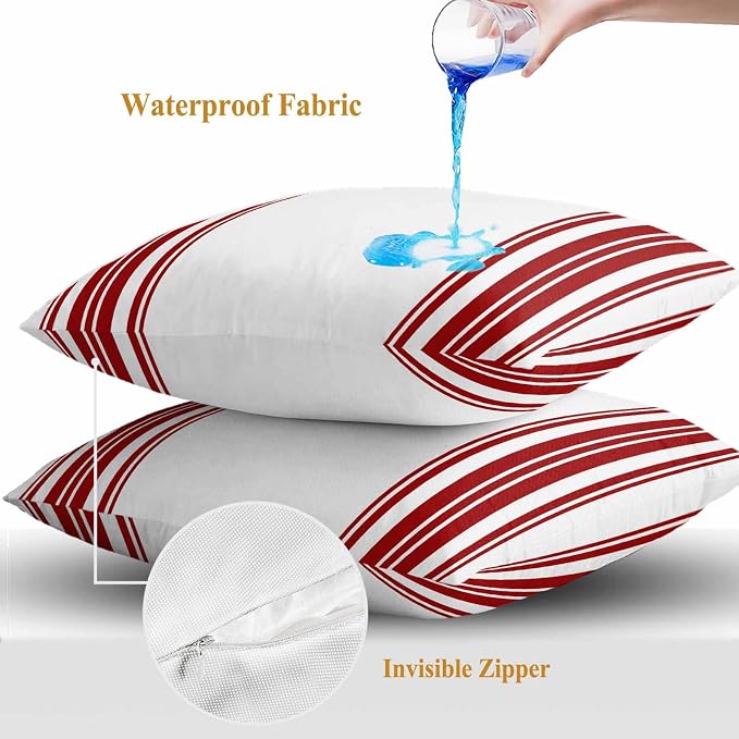 Outdoor Waterproof Throw Pillow Covers Set of 2 Red Stripes Pillowcases 18x18 Inches White Vertical Striped Decorative Pillows Cushion Case Patio Pillows for Couch Bed Chair Garden