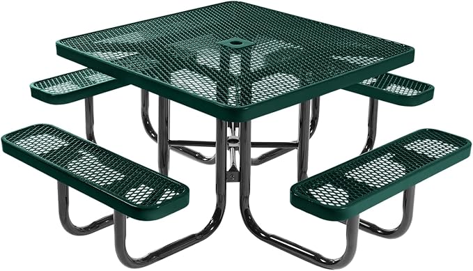 COATEDOUTDOORFURNITURE Heavy-Duty Portable Outdoor Picnic Table with Umbrella Hole, Expanded Metal Commercial-Grade Patio Dining Furniture Made in America (46" Square Top, Dark Green)