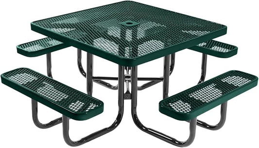 COATEDOUTDOORFURNITURE Heavy-Duty Portable Outdoor Picnic Table with Umbrella Hole, Expanded Metal Commercial-Grade Patio Dining Furniture Made in America (46" Square Top, Dark Green)