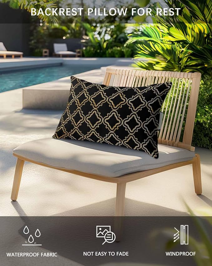 Outdoor Pillows Waterproof Covers Set of 2, Geometric Lines Adjustable Elastic Chaise Lounge Head Resting Pillows, Luxury Black Golden Lumbar Pillow for Pool Beach Patio Furniture 11x16 Inch