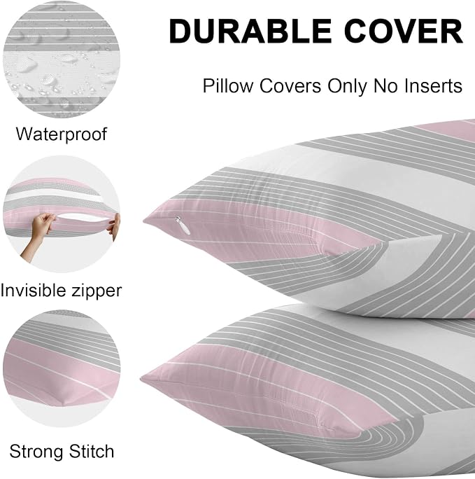 Pink Grey Stripe Outdoor Pillow Covers Waterproof, All Weather Cushion Case Set of 2, Modern Art Horizontal Striped Decorative Pillowcases for Sofa Couch Bed Decor Patio Furniture 16"x16"