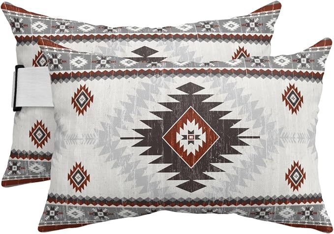 Outdoor Pillows Waterproof Covers Set of 2, Red Grey Bohemian Adjustable Elastic Chaise Lounge Headrest Pillow Covers, Aztec Boho Tribal Decorative Lumbar Pillow for Pool Patio Furniture 11x16 Inch
