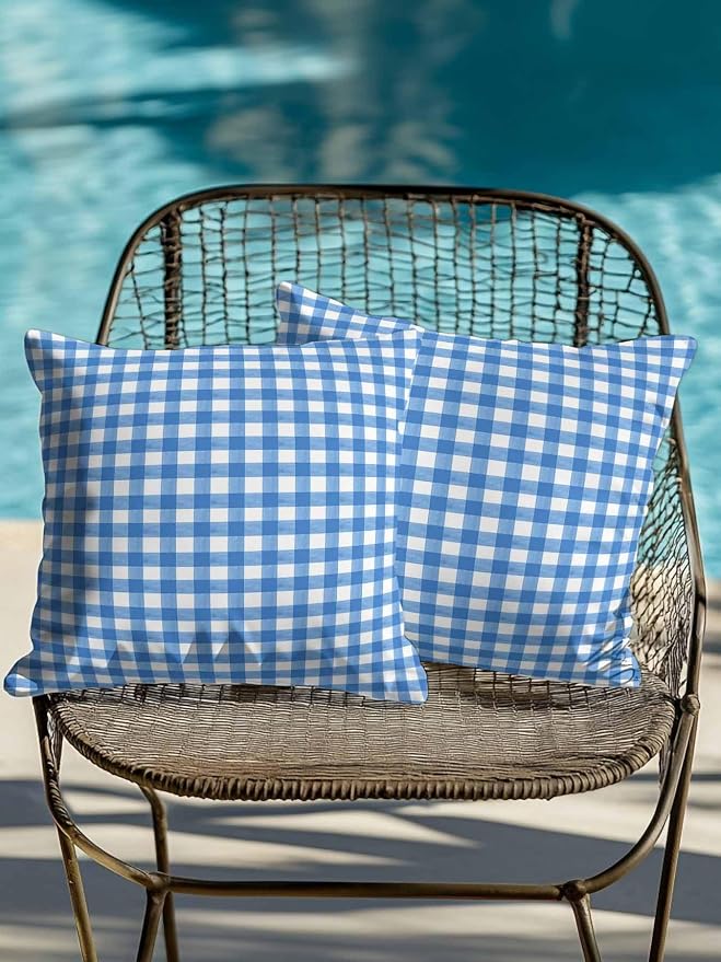Outdoor Waterproof Throw Pillows Light Blue Gingham Check Patio Pillows Pack of 2,Decorative Pillow Covers with Insert,Pillow Cushion Case for Garden Couch Sofa Country Classic Plaid