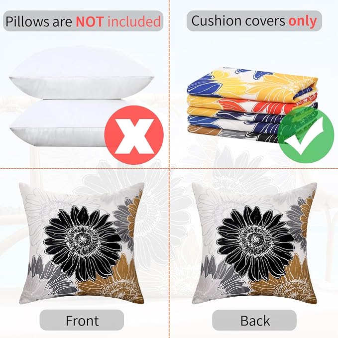 Outdoor Pillow Covers Waterproof Summer Square Cushion Covers Decorative Floral Brown Black Sunflower Throw Pillow Covers 20x20 Set of 2 Garden Throw Pillowcase for Patio Furniture Tent Balcony Bench