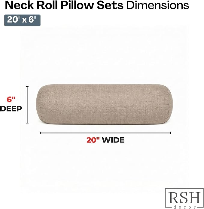 RSH DECOR: Sunbrella Neck Roll Pillows Set of 2 | 20” x 6” | Outdoor Bolster for Patio, Deck, Porch, or Poolside Furniture | Water & Fade-Resistant | Made in USA (Vesper Alpaca Stone)