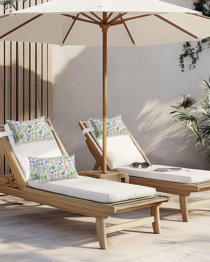 Pack of 2 Outdoor Lumbar Cushions with Inserts, Spring Flower Watercolor Plant Leaf Farm Waterproof Fluffy Fade Body Pillows, Patio Furniture Pillow for Home Balcony Garden Decor 11x16IN