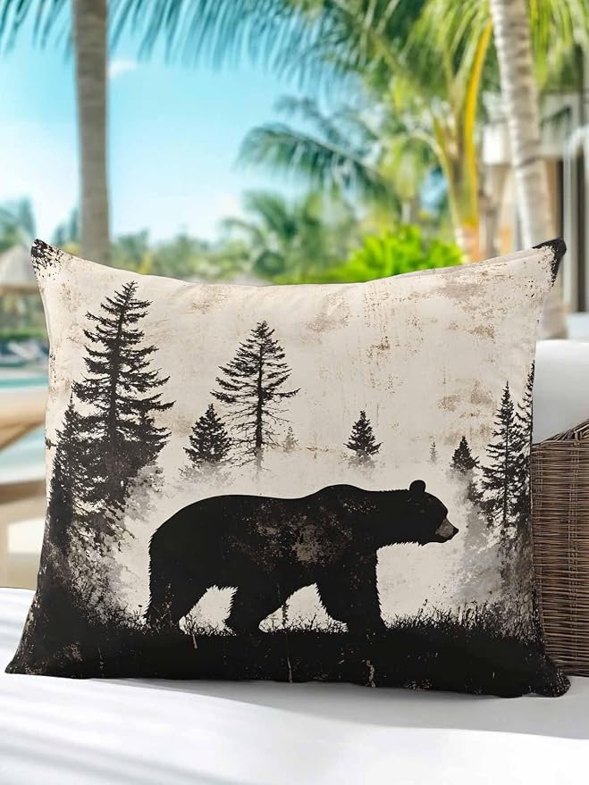 Outdoor Waterproof Throw Pillows Forest Brown Bear Silhouette Patio Pillows,Decorative Pillow Covers with Insert,Pillow Cushion Case for Garden Couch Sofa Minimalist Modern Art