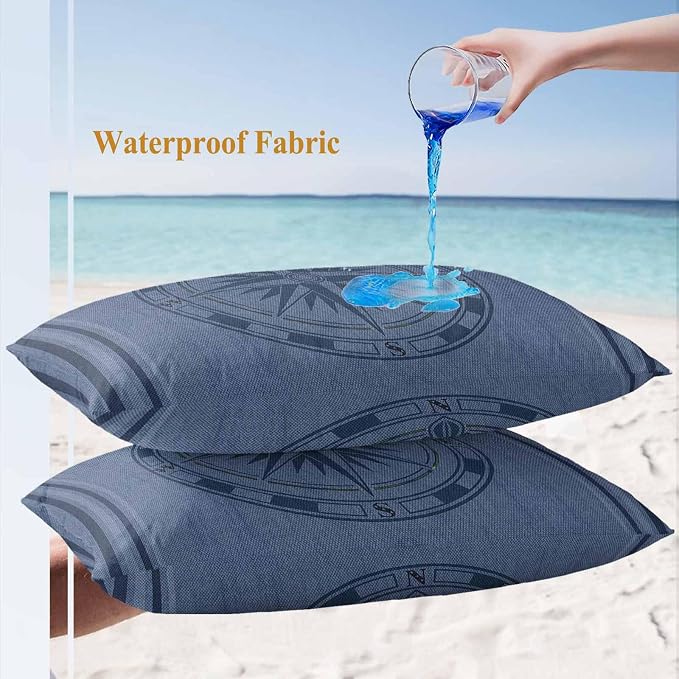 Compass Navigation Outdoor Waterproof Throw Pillow Covers Set of 2, 20"x12", Guide Letter Printing Decorative Pillow Covers Outside Cushion Case for Patio Porch Garden