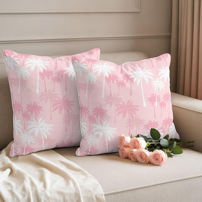 Throw Pillow Covers 16x16 Inch Set of 2, Tropical Palm Tree Waterproof Outdoor Pillow Covers, Pink White Plants Coastal Leaf Beach Decorative Cushion Pillowcases for Couch, Sofa, Bed, Garden, Patio