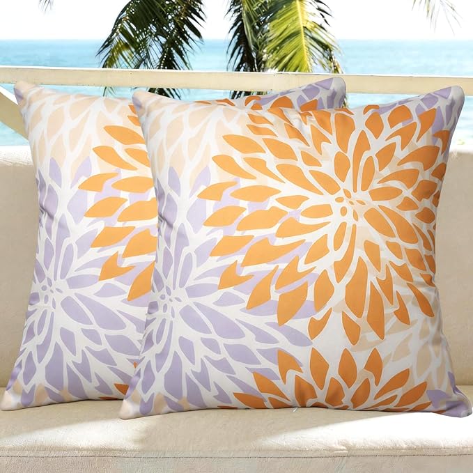 Outdoor Pillow Covers Waterproof Cushion Covers Patio Pillows Case 2 Pack | 18x18inch,Printed Boho Flowers,Seamless,Hidden Zipper,Machine Washable,Perfect decoration for Porch,Patio,Balcony