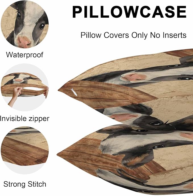 Farmhouse Cow Outdoor Pillow Covers 16x16 Inch Throw Pillow Covers Set of 2 Waterproof Decorative Pillow Cases Country Vintage Animals Wooden Grain Cushion Covers for Patio Furniture Garden Couch Sofa