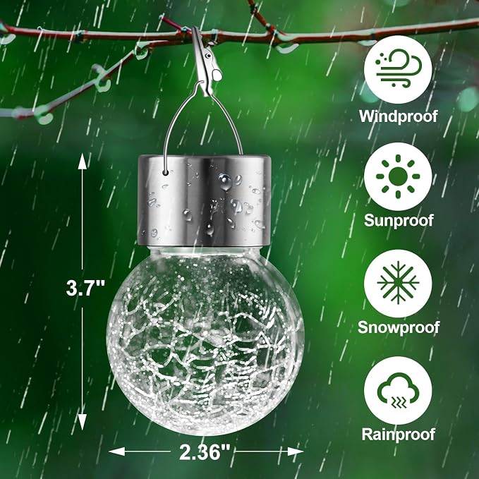 32 Pack Hanging Solar Lights Outdoor, Waterproof Solar Globe Lantern with Handle and Clip, Decorative Cracked Glass Ball Lights for Christmas Decor, Tree, Yard, Garden, Patio (Cold White)