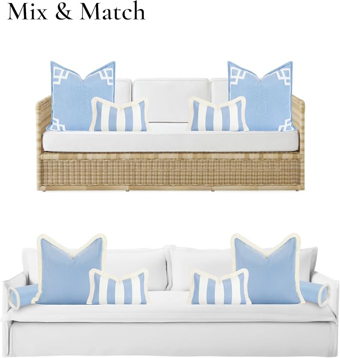 Hofdeco Premium Coastal Hampton Outdoor Performance Lumbar Pillow Cover Only, 12"x20" Water Repellent, UV and Fade Resistant for Backyard, Couch, Poolside, Azure Blue Woven Beach Stripes