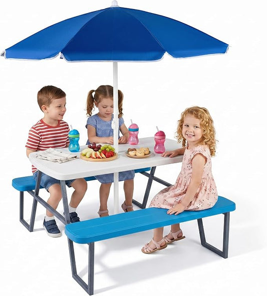 Costzon Kids Picnic Table, Toddler Outdoor Table & Bench Set with Removable Umbrella, HDPE Tabletop, Metal Frame, Kids Outdoor Furniture for Patio Backyard Garden, Fits 4 Children Age 3+ (Blue)