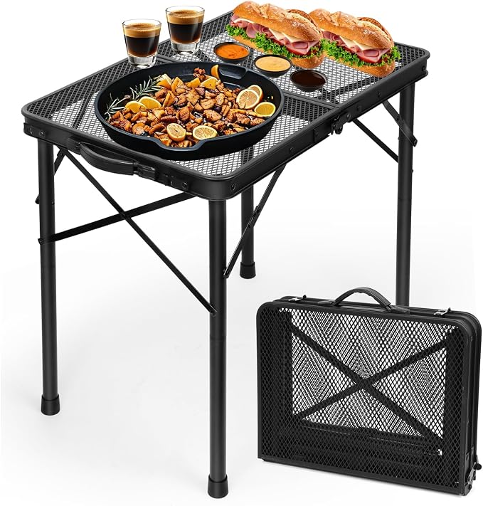2Ft Small Folding Table with Carry Handle, Camping Table Adjustable Height 10.6–22 in, Black Metal Mesh, Portable & Compact for Outdoor/Indoor,Grill Table, 23.6×15.8 in, 4 lb, 66 lb Capacity