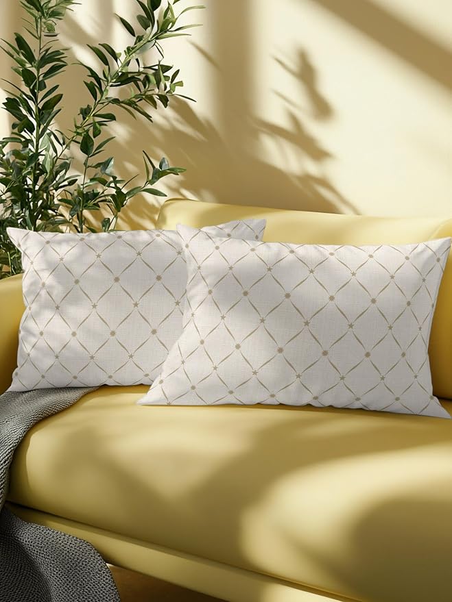 Vandarllin Waterproof Outdoor Pillow Set of 2 Beige Grid Plaid Decorative Throw Pillows Cover & Insert 20x12 Inch Lumbar Pillowcase Diagonally Crossed Lines Pillows for Couch Sofa Bed Patio Furniture