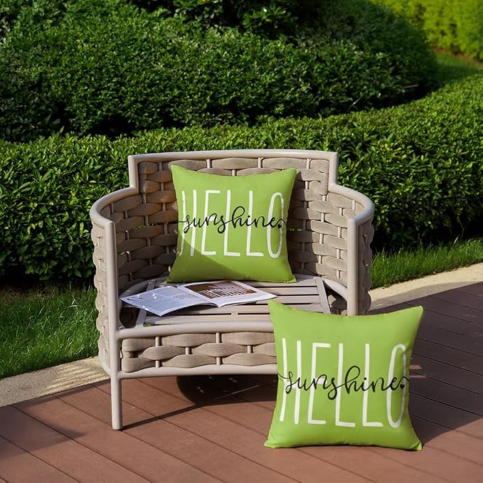 DFXSZ Grass Green Outdoor Waterproof Pillow Covers 16x16 Set of 2 | Hello Sunshine Decor Spring Summer Polyester Pillow Covers(NO INSERTS)| Decor for Patio Funiture Garden Sofa Couch