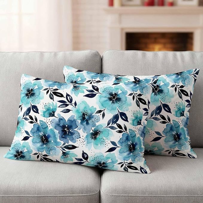 Botanical Floral Leaves Outdoor Waterproof Pillow Covers Pack of 2, Watercolor Painting Blue Gradient Blooms Throw Pillowcases Decorative Cushion Covers for Garden Patio Tent Sofa Couch, 20x12 inch
