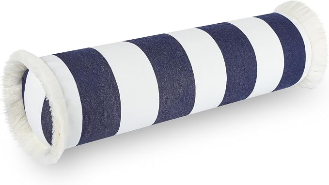 Hofdeco Premium Coastal Hampton Outdoor Performance Bolster Pillow Cover Only, 6"x20" Water Repellent, UV and Fade Resistant for Backyard, Couch, Poolside, Indigo Blue Woven Beach Stripes