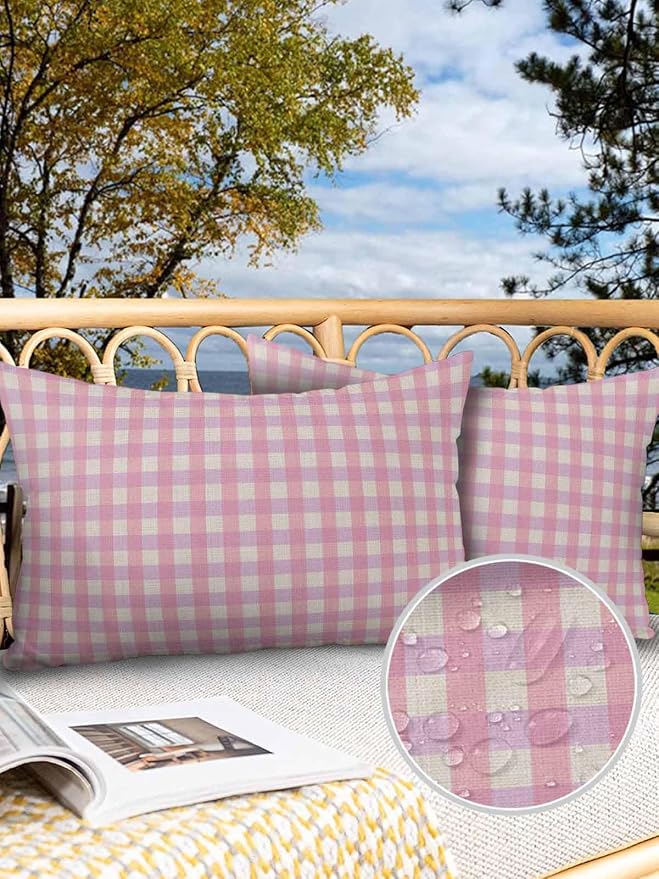 Outdoor Waterproof Throw Pillow Covers Set of 2 Pink Buffalo Plaid Lumbar Pillowcases 20x12 Inches Linen Classic Checked Patio Decorative Pillows Cushion Case Patio Pillows for Couch Bed Chair Garden