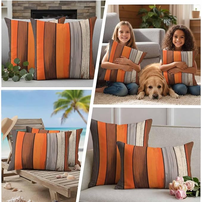 JasmineM Outdoor Pillow Cover 16x16 Inches Set of 2 Orange Brown Gray Striped Waterproof Throw Pillow Covers Retro Wood Grain Decorative Pillowcases Garden Cushion Case for Patio Couch Sofa