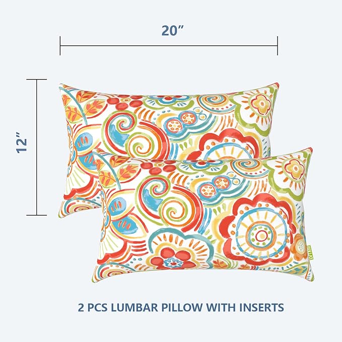 LVTXIII Outdoor/Indoor Lumbar Pillows, Decorative Patio Lumbar Cushions, Fluffy Water Repellent Garden Cushions for Home Patio Coach Sofa Use, 12×20 Inch, Pack of 2, Flower Multi