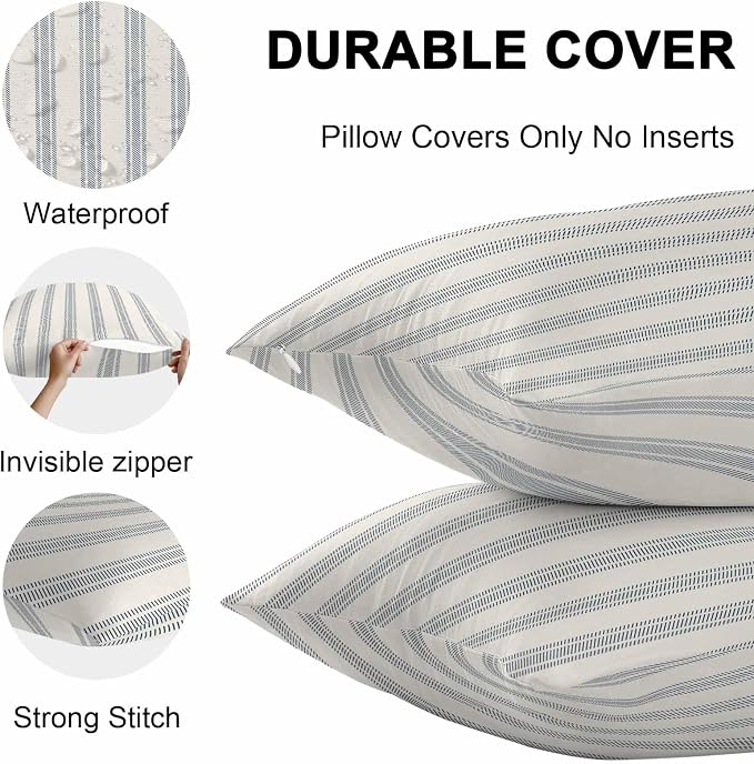 Throw Pillow Covers 18x18 Inch Set of 2, Blue Striped Waterproof Outdoor Cushion Covers, Modern Stripes Farmhouse Decorative Pillowcases for Couch, Sofa, Bed, Garden, Patio