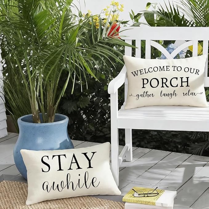 RABUSOFA Welcome to Our Porch Decor Outdoor Pillow Covers Waterproof,12x20 Set of 2 Cream Stay Awhile Relax Lumbar Cushion Case Decorations for Patio Couch (Cream)