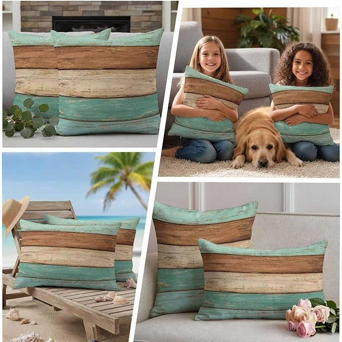 Farmhouse Teal Blue Brown Outdoor Waterproof Pillow Covers, Vintage Wooden Striped Decorative Square Throw Pillowcase Sofa Cushion Sham for Patio/Couch/Chair, 20"x20" 2 Pack
