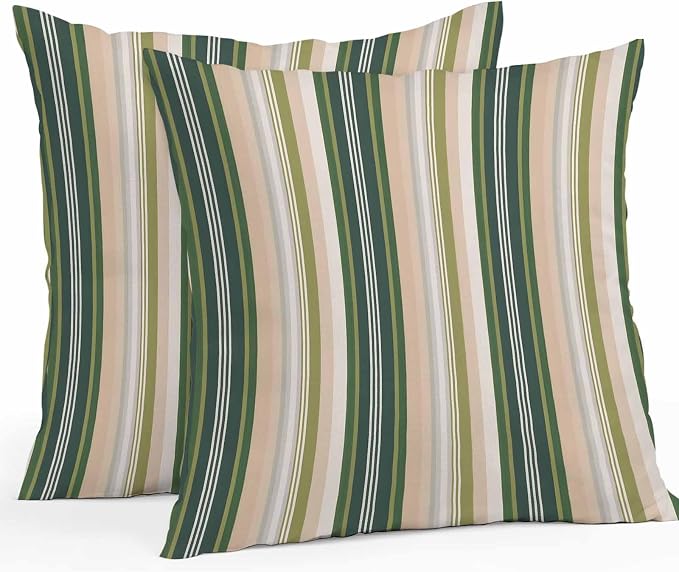 Green Brown Striped Outdoor Pillow Covers 20x20 Inch Throw Pillow Covers Set of 2 Waterproof Decorative Pillow Cases Modern Stripes Art Farmhouse Cushion Covers for Patio Furniture Garden Couch Sofa