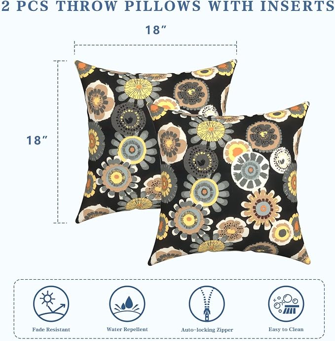 LVTXIII Outdoor/Indoor Throw Pillows, Decorative Throw Pillows with Inserts, 18"x18" Square Pillows for Bed, Couch, Sofa and Patio Furniture, Set of 2, Black Yellow Crosby