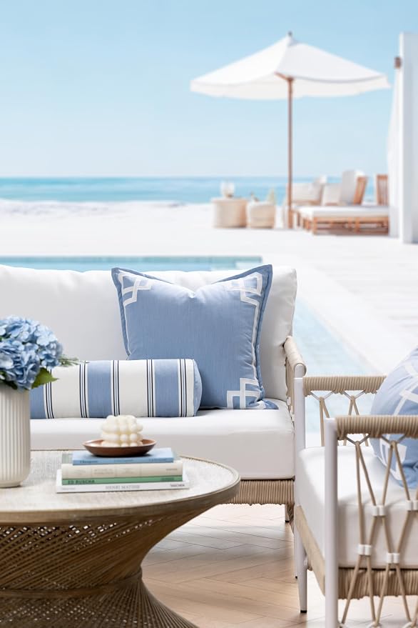 Hofdeco Premium Coastal Hampton Outdoor Performance Bolster Pillow Cover Only, 6"x20" Water Repellent, UV and Fade Resistant for Backyard, Couch, Poolside, Azure Blue Indigo Woven Harbor Stripes
