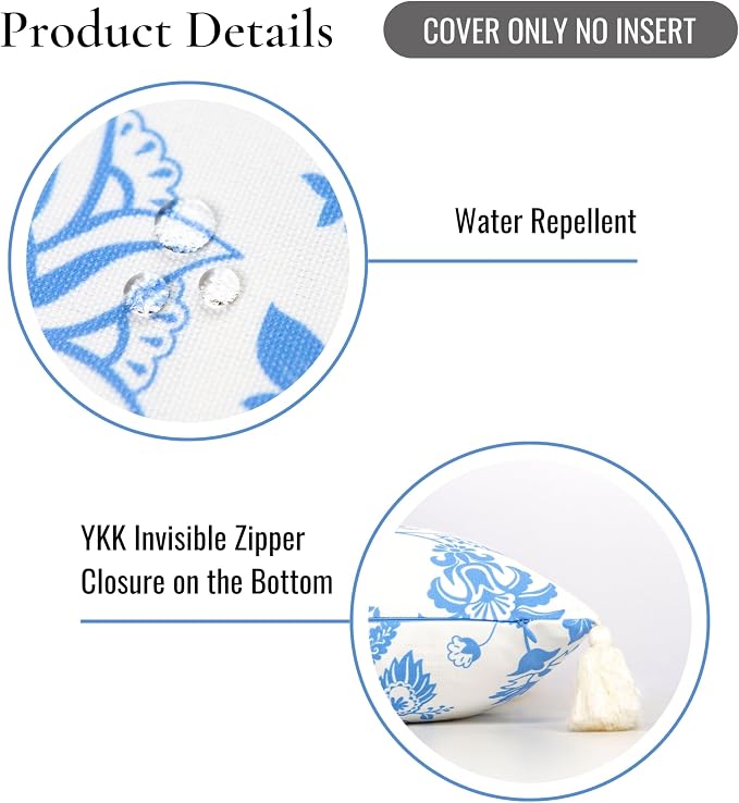 Hofdeco Premium Coastal Patio Indoor Outdoor Pillow Cover Only, 18"x18" Water Repellent for Backyard, Couch, Cornflower Blue Floral Tassel
