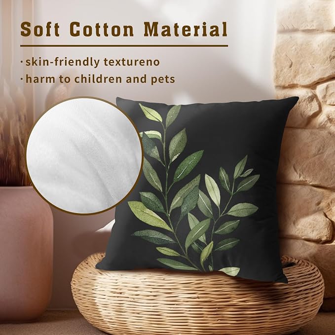 Green Leaf Throw Pillow Covers Set of 2, 20x20 Inch Spring Plants Leaves Rustic Print Black Square Pillowcases for Living Room Bedroom Sofa Couch Patio Outdoor Home Decor