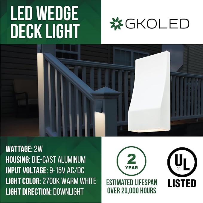 Low Voltage LED Wedge Deck Rail Light, Landscape Railing Post Fence Accent Lighting, 12V AC/DC 2W 2700K Integrated LED Chips, Die-cast Aluminum, Powder Coated Finish, IP65 Rated, White, 6-Pack