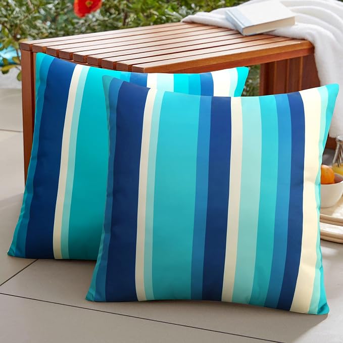 Pyonic Outdoor Waterproof Throw Pillow Covers 18x18 Dark Blue Pillow Covers Decorative Lines Striped Cushion Cases Set of 2 for Patio Furniture Tent Garden,Color Stripe