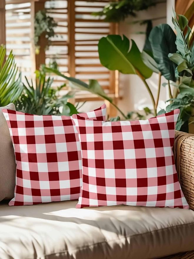 Waterproof Outdoor Pillow Set of 2 Red Check Buffalo Plaid Decorative Throw Pillows Cover & Insert 18x18 Inch Pillowcase Check Lines Square Pillows for Couch Sofa Bed Patio Furniture Indoor Outdoor