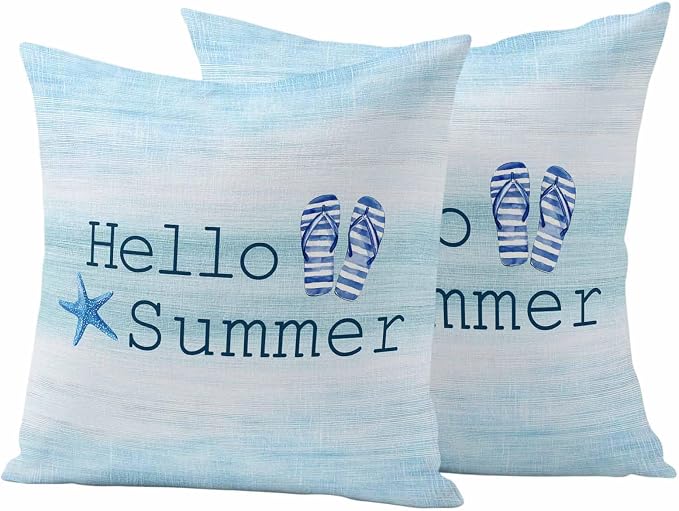 Outdoor Waterproof Pillow Covers 18x18Inch Hello Summer Starfish Flip Flops Throw Pillowcases for Patio Garden Couch Sofa Blue Gradient Decorative Cushin Case,Pack of 2